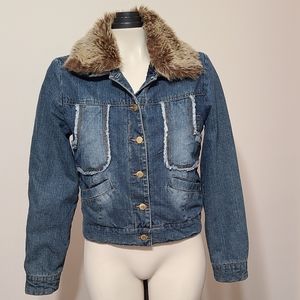 Cropped denim jean jacket with faux fur hood